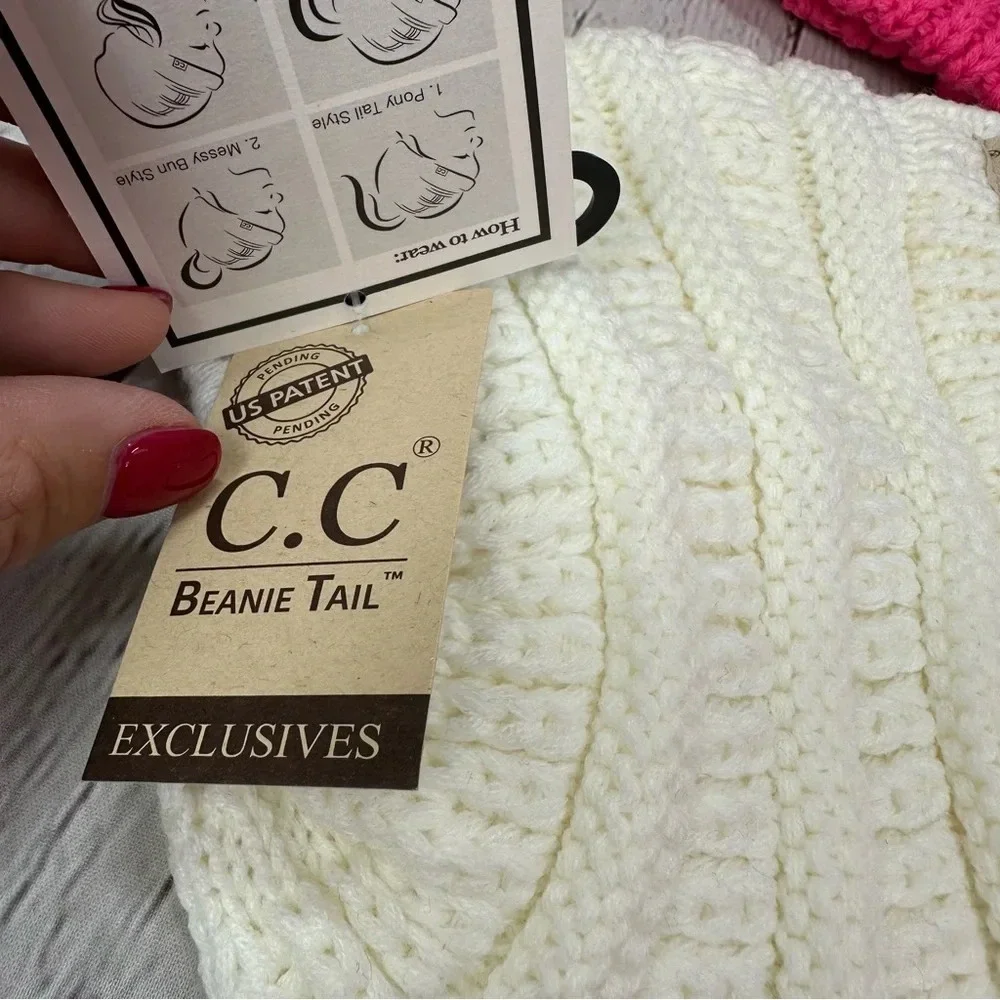 NWT Boutique C.C. crochet messy bun beanie tail kids ivory and new CD pink